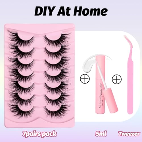 Veleasha Lashes Kit with Glue & Tweezer Cat Eye Lashes that Look Like Extensions Fluffy Faux Mink Lashes Wispy Fox Eye Lashes Natural Look 7 Pairs Fake Eyelashes Pack (Cat Eye)
