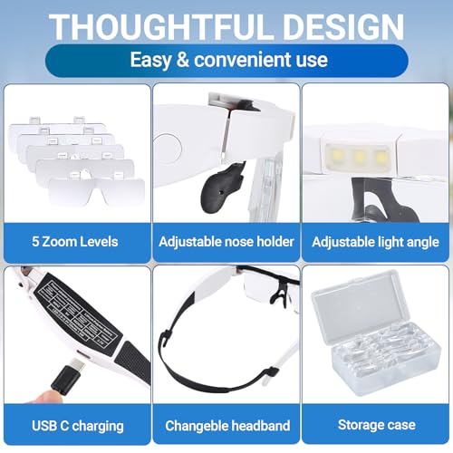 YOCTOSUN Head Magnifier Glasses with 3 LED Lights and Detachable Lenses 0.75X, 1.25X,2.0X, 3.0X and 4.0X, USB Charging Eyeglasses Magnifier, Magnifying Glasses with Light for Close Work Hobby Crafts