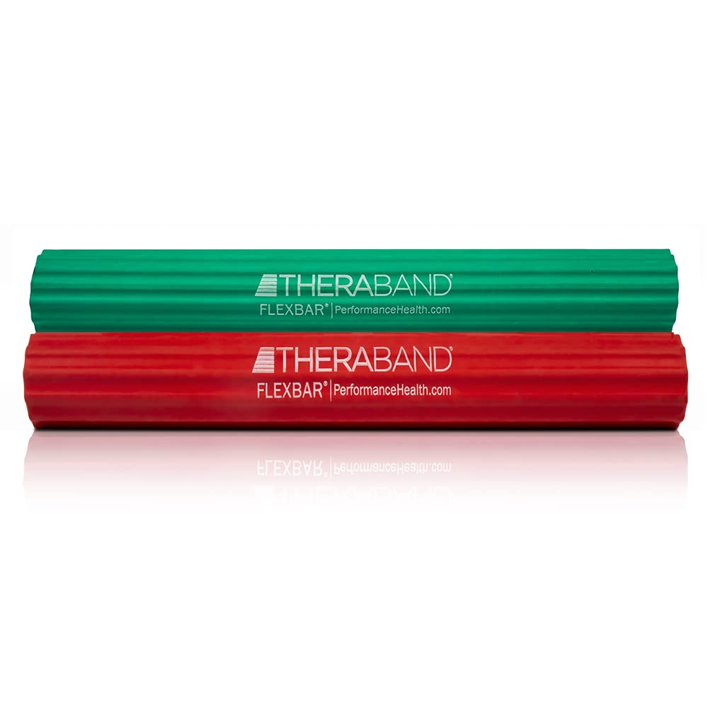 THERABAND FlexBar, Tennis Elbow Therapy Bar, Relieve Tendonitis Pain & Improve Grip Strength, Resistance Bar for Golfers Elbow & Tendinitis, Light-Medium, 2-Pack, RED/GREEN