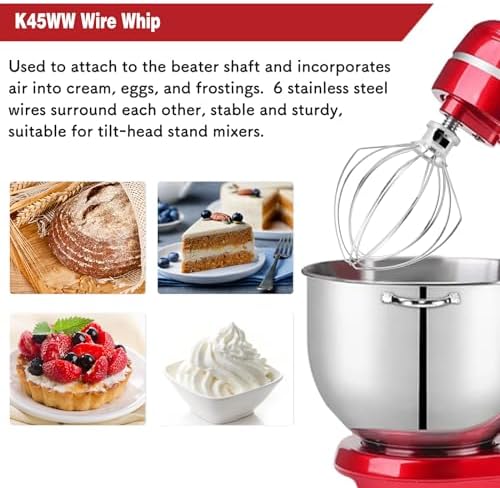 K45WW 6'' Wire Whip Compatible with 4.5-5Qt KitchenAid Tilt-Head Stand Mixer, Kitchenaid Whisk Replacement For Egg Cream Stirrer, Flour Cake Balloon Whisk，Kitchenaid mixer attachments