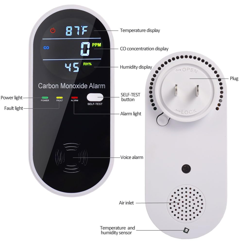 3 in 1 Carbon Monoxide Detector, KH Alert Portable Carbon Monoxide Detectors for Travel, Plug in Carbon Monoxide Detector with Temperature Humidity Sensor Built-in, Easy to Read & Install