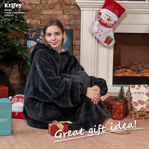 Krifey Wearable Blanket Hoodie, Oversized Sherpa Hooded as Birthday Gifts Christmas Gifts for Mom Women Girlfriend Men, Cozy Sweatshirt with Giant Pocket