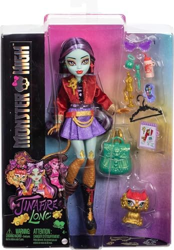 Monster High Jinafire Long Doll, Dragon with Pet Dog Cloudy “Yun Yun” and 7 Accessories Like Sketch Pad, Yogurt Drink, Backpack and More