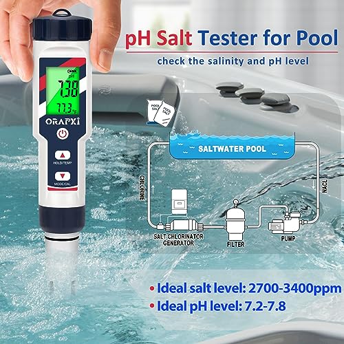 ORAPXI pH Salinity Tester 5 in 1 pH Salt TDS EC Temp Meter for Hydroponic System Saltwater Pool pH and PPM Meter Water Tester for Indoor Plant Grow, Hot Tub, Spa, Aquarium, Home Brewing