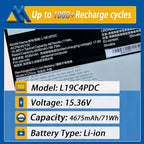 L19C4PDC L19M4PDC Battery Replacement for Lenovo Ideapad Yoga 7-14ITL5 82BH 7-15ITL5 82BJ Series Laptop 5B10Z26482 SB10Z26481 L19L4PDC 5B10Z26485 SB10Z26483 5B10Z26479 15.36V 71Wh 4675mAh