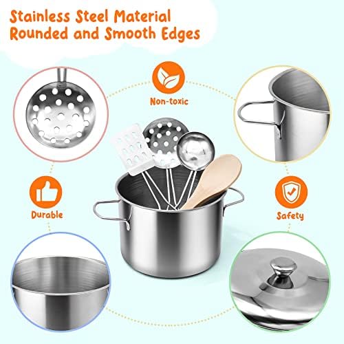 Kids Pretend Play Kitchen Accessories Set, 38Pcs Stainless Steel Play Pots Pans Sets for Kids, Toy Cookware Cooking Utensils Play Food Dish Toddler Kitchen Playset Gifts for Boys Girls