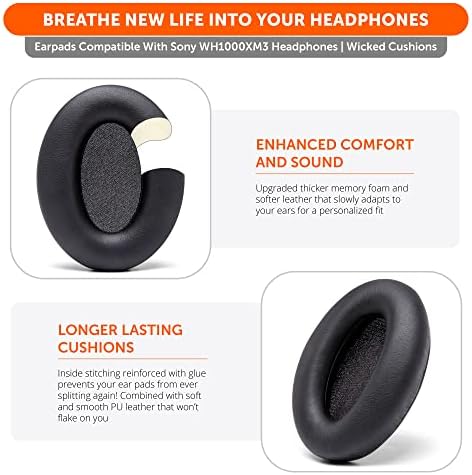 WC Wicked Cushions Extra Thick Replacement Earpads Compatible with Sony WH-1000XM3 Headphones - Black