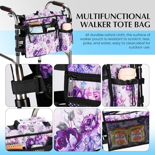 Walker Accessories for Folding Walker Double Sided Walker Bag with Cup holer Organizer Pouch Storage Tote for Rollator Carrying