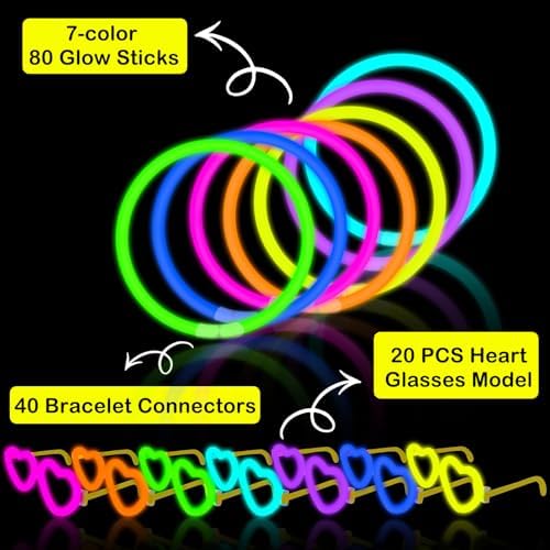 20 Pack Valentines Day Glow Heart Glasses Party Favor Supplies with 80 Glow Sticks & Connectors (for 20 Neon Glasses, 40 Bracelets or 13 Necklaces), Glow in Dark Accessories for Wedding Dance Camping