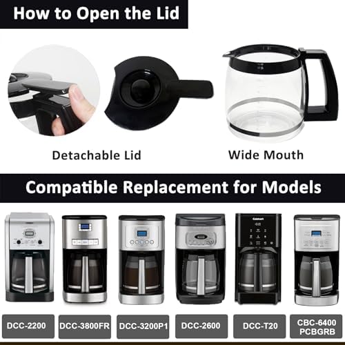 14-Cup Coffee Pot Replacement Carafe Glass Compatible with Cuisinart Coffee Maker Models DCC-2200, DCC-2600, DCC-2800, DCC-3200, DCC-3200P1, DCC-T20, Black