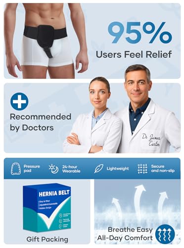 Hernia Belts for Men Inguinal, Hernia Belt for Women, Inguinal Hernia Support for Left or Right Side, Comfortable Adjustable Waist Strap with Removable Compression Pads, Black
