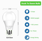 4-Pack Dusk to Dawn Light Bulbs Outdoor 75 Watt Equivalent, Automatic On/Off Sensor LED Bulb, 10W Daylight 5000K,1100 Lumen, A19 E26 Bulbs Photocell for Wall lamp Porch Garage Yard Light(Non-dimmable)
