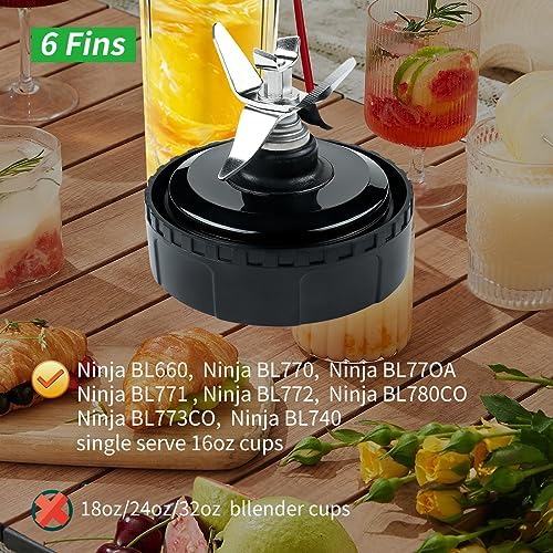 2 Pack 6 Fins Blender Blade Assembly and Single Serve 16 oz Cups Replacement Parts Compatible with Nutri Ninja BL770 BL771 BL772 BL740 BL780 BL660 BL663 Professional Smoothie Blender (3.35 inch)