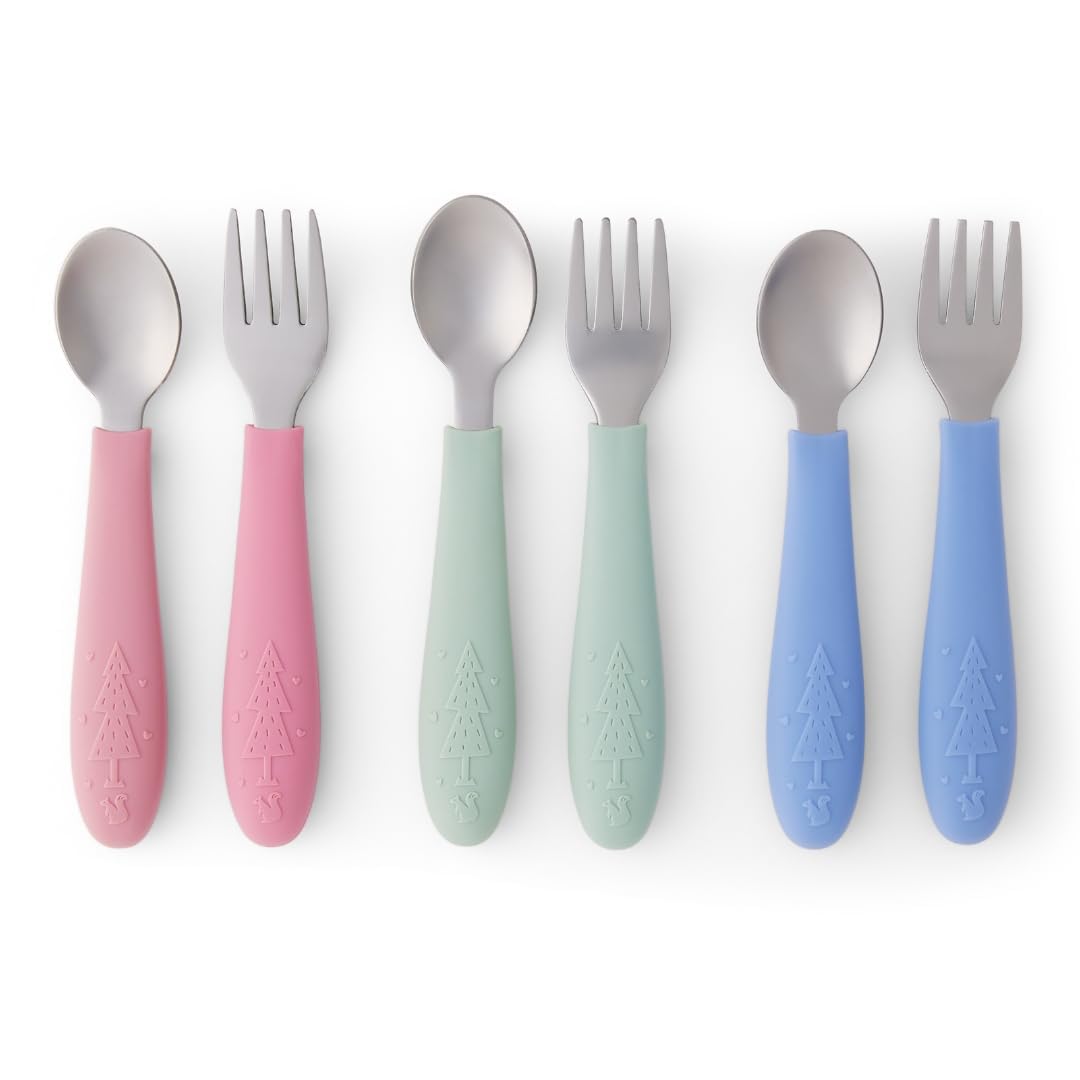 Elk and Friends Kids Silverware with Silicone Handle | Childrens Safe Flatware | Toddler Utensils | Baby Spoons + Forks | Stainless Steel Cutlery | Dishwasher Safe | 6 Pieces