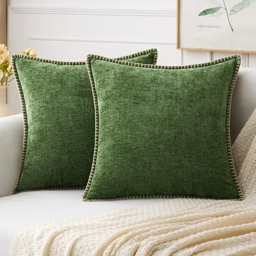 MIULEE Pack of 2 Couch Throw Pillow Covers 20x20 Inch Moss Green Farmhouse Decorative Pillow Covers with Stitched Edge Soft Chenille Solid Dyed Christmas Pillow Covers for Sofa Bed Living Room