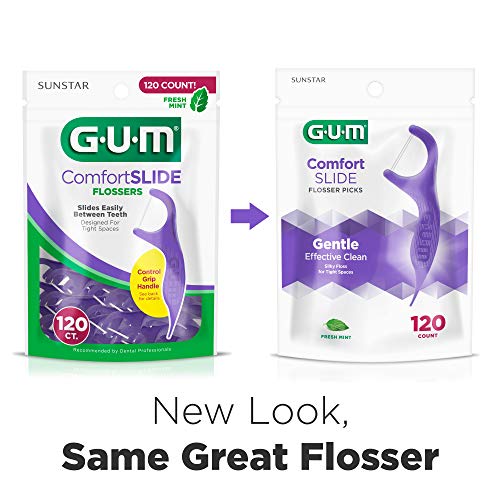 GUM Comfort Slide Floss Picks - Perfect for Tight Teeth - Extra Strong Shred-Resistant Dental Floss, Easy Grip Handle - Dental Flossers for Adults - Fresh Mint Flavor, 120ct