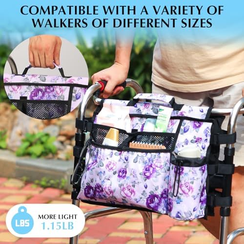 Walker Accessories for Folding Walker Double Sided Walker Bag with Cup holer Organizer Pouch Storage Tote for Rollator Carrying