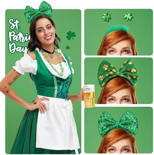 29Pack St Patricks Party Favors of 16pcs Shamrock Beads Necklace Bulk, 6pcs Clover Eyewear Sunglasses, 6pcs Green Hats Headband, 1pc St. Patrick's Day Stickers Party Dressing-up Costume Accessories