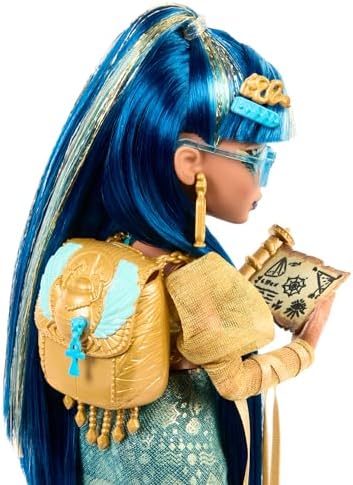 Monster High Cleo De Nile Doll in Golden Blouse & Layered Skirt, Includes Pet Cobra Hissette & Accessories Like a Backpack, Snack & Scroll