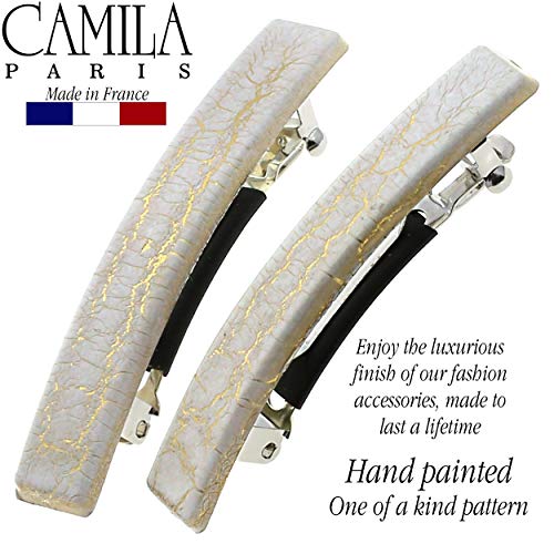 Camila Paris CP3029 French Hair Barrette Clip for Girls, Set of 2 White Rubberized Metal Clasp Strong Hold Grip Hair Clips for Women, No Slip Durable Styling Girls Hair Accessories, Made in France