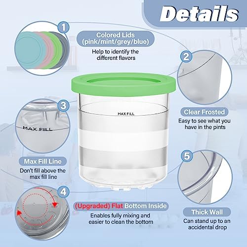 NANOBABY Pint Containers and Lids Replacement Compatible with Ninja CREAMi 7-in-1 Ice Cream Maker, 16oz Pint Cup Replacement for Ninja Creami NC300 Series,NC301 NC299AMZ CN305A CN301CO,4-Pack,BPA Free