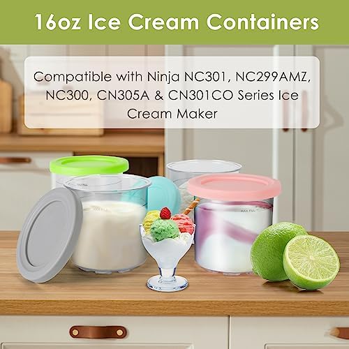 4 Pack Ice Cream Pint Containers, Replacement for Ninja Creami Pints and Lids, Compatible with NC299AMZ & NC300s Series Creami Ice Cream Makers, BPA Free, Dishwasher Safe, Grey/Pink/Green/Lake Blue