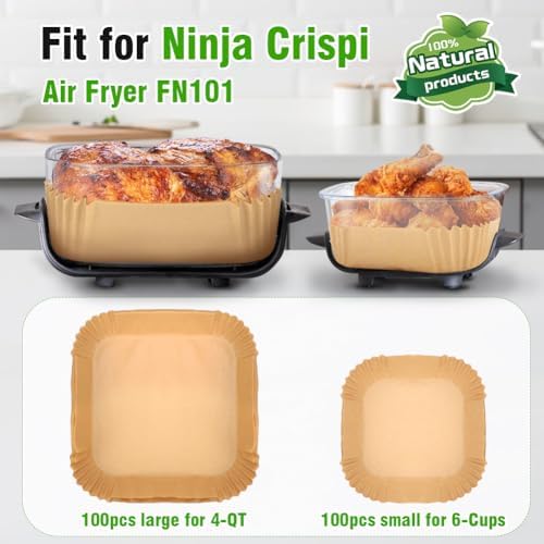 YQL 200PCS Air Fryer Disposable Paper Liners for Ninja Crispi FN101, 100pcs for 4-QT & 100pcs for 6-Cups Containers, Non-Stick, Oil-Proof Air Fryer Accessories, Unbleached Parchment Paper