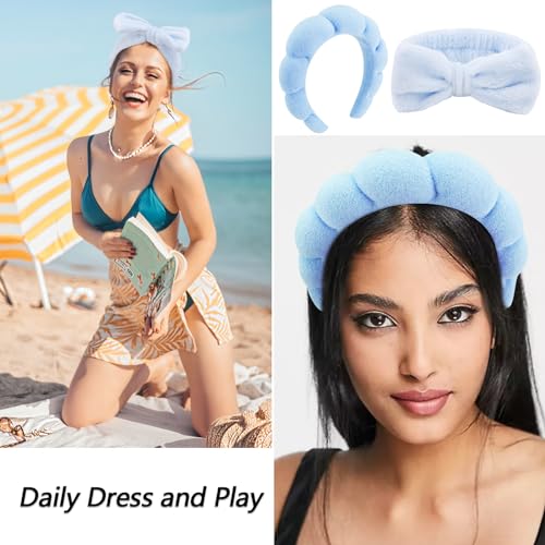 VELSCRUN 6 Pack Spa Headbands - Makeup, Face Wash, Skincare Hair Accessories With Blue Sponge Bow Tie Wristbands, Women's Gift Set