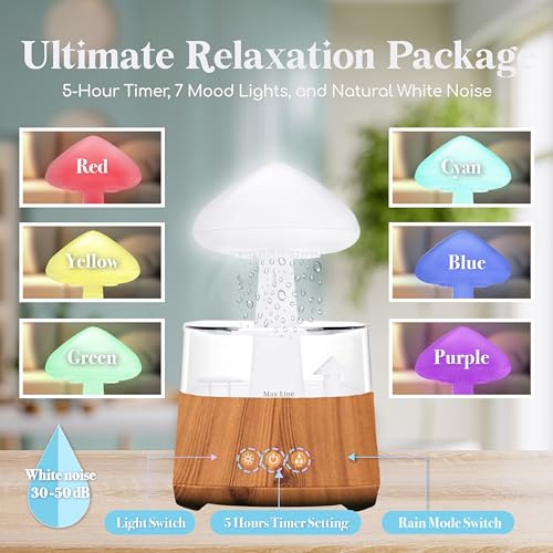 Rain Cloud Humidifier Water Drip Bluetooth Speaker, Mushroom Aromatherapy Essential Oils Diffuser with 7 LED Night Light-Gloomy Rainfall & Raindrops Relaxing Sound for deep Sleep in Bedroom (Wood)