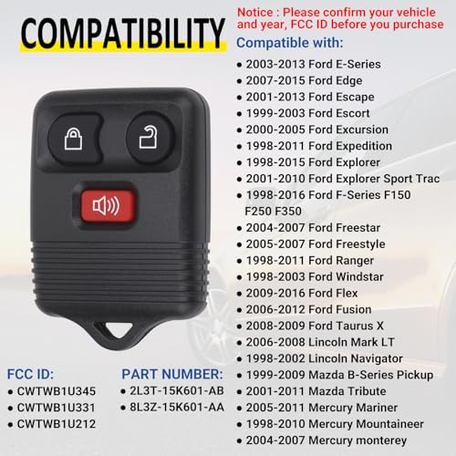 Keyless Entry Remote Key Fob Compatible with Ford F150 F250 F350 Escape Expedition Explorer Ranger, Lincoln, Mercury, Mazda and More, Replacement for CWTWB1U331 CWTWB1U345, 3 Button (Pack of 2)