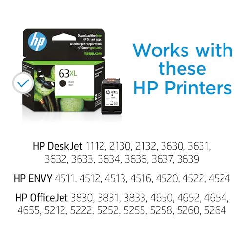 HP 63XL Black High-yield Ink Cartridge | Works with HP DeskJet 1112, 2130, 3630 Series; HP ENVY 4510, 4520 Series; HP OfficeJet 3830, 4650, 5200 Series | Eligible for Instant Ink | F6U64AN