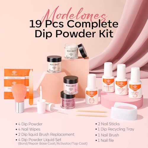Modelones Dip Powder Nail Kit, 4 Colors White Nude Pink Glitter Dipping Starter Set with Liquid and Complete Accessories for French Nails Art Salon DIY at Home Manicure