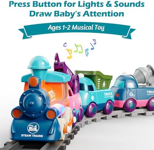 Train Set for Toddlers, Magnetic Train Toys for Toddlers 3+ Electric Train Set with Train Tracks Accessories Battery Operated, 4pcs Trucks Toy Train for Boys and Girls