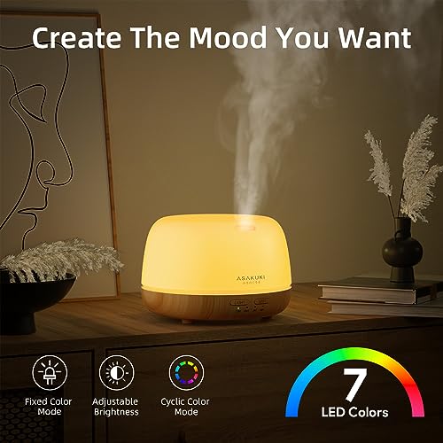 ASAKUKI Essential Oil Diffuser, Ultrasonic Aromatherapy Oil Humidifier with 7 Colors Lights 2 Mist Mode for Home