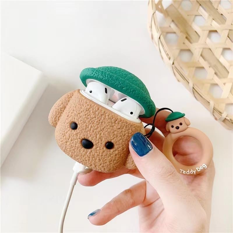 Case Compatible with AirPods 4, Cute Creative Pet Hat Teddy Dog Earphone Case, Puppy Style Soft Silicone Earphone Protection Skin for AirPods4 +Hook -Brown