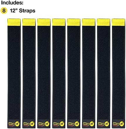 Selfie Straps by Wrap-It Storage, 12-inch (8-Pack), Black - Stretchy Hook and Loop Cord Organizer that Stays Attached to Cord for Electrical Cable Management and Organization