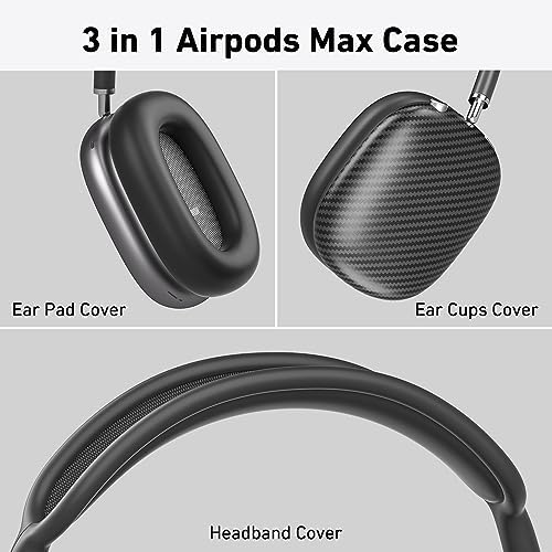 Case Cover for AirPods Max Headphones,AHBTEYM Carbon Fiber Texture TPU Ear Cups Cover/Ear Pads Case Cover/Headband Cover for Apple AirPod Max,Accessories Silicone Protector Cover(Matte Black)