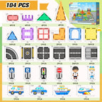 104 PCS Magnetic Tiles Road Set With Car Toys, STEM Magnet Building Blocks for Kids Toddler Toys Games, Christmas Birthday Gifts for 3+ Year Old Boys Girls, Car Enthusiasts and Classroom Must Haves