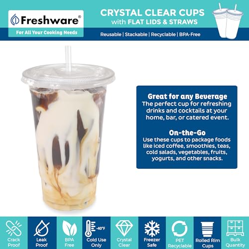 Freshware 24 oz Clear Disposable Plastic Cups with Flat Lids and Straws, 100 Pack Clear Plastic Cups Tumblers, Heavy-duty Party Glasses, Disposable Cups for Thanksgiving, Halloween, Christmas Party