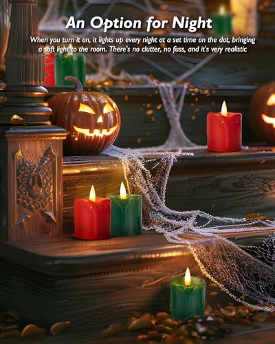 Homemory 2" x 2" Green & Red Timer Flickering Flameless Candles, 400+ Hour Battery Operated Votive Candles, 6Pack 3D Wick Electric Fake Candles for Party, Christmas, Halloween and Festival Celebration