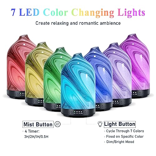 Essential Oil Diffuser Aromatherapy Diffuser - 120ml Glass Ultrasonic Cool Mist Scent Aroma Diffuser, Whisper Quiet with Auto Shut-Off, 4 Timer Setting &7 Colors Night Light for Home (Grey Wave)
