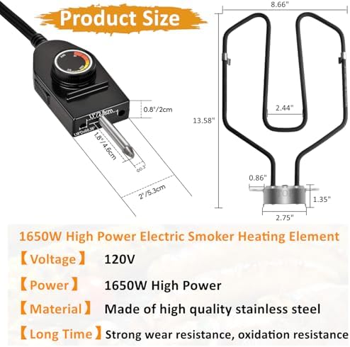 Upgrade 1650W Electric Smoker Heating Element Replacement Kit with Adjustable Thermostat Probe Cord Compatible with Masterbuilt, SmokeHollow, Cuisinart, Brinkmann Gourmet, Char-Broil and Cerakote Oven