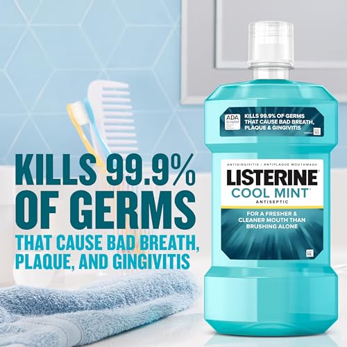 Listerine Cool Mint Antiseptic Mouthwash, Daily Oral Rinse Kills 99% of Germs That Cause Bad Breath, Plaque and Gingivitis for a Fresher, Cleaner Mouth, Cool Mint Flavor, 1.0 L, Pack of 2