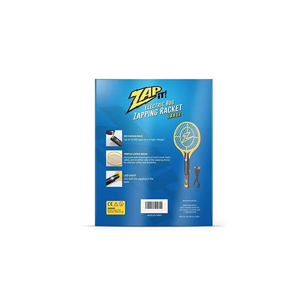 Zap It! Bug Zapper - Rechargeable Mosquito, Fly Killer & Bug Zapper Racket - Electric Fly Swatter Racket - 4,000 Volt - USB Charging, Super-Bright LED Light to Zap in The Dark - Safe to Touch (Medium)