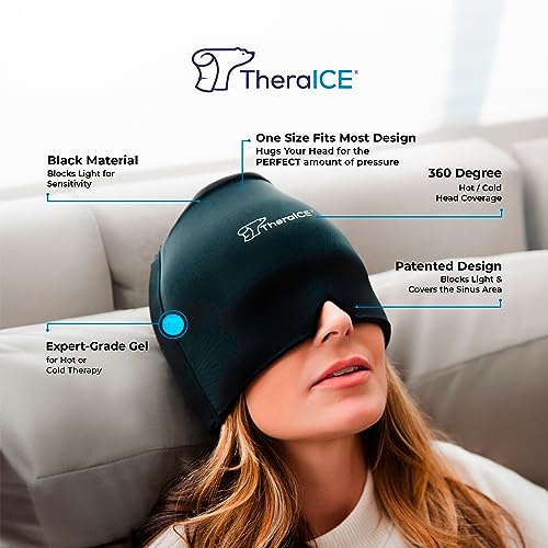TheraICE Migraine Headache Relief Cap, Hot & Cold Therapy Hat, Migraine Relief Cap, Cool Gel Head Wrap, Headache Cap Ice Pack Mask, Cold Compress Migraine Relief Products Device for Tension & Stress