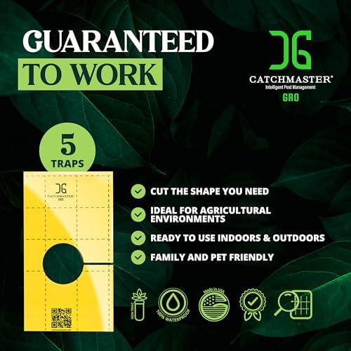 Catchmaster GRO Yellow Sticky Trap 50PK, Adhesive Outdoor Insect Trap with Center Hole Cut for Crawling Insects, Protect Live Plants Indoor, Bug, & Fly Trap, Glue Traps for Home, Garden, & Greenhouse
