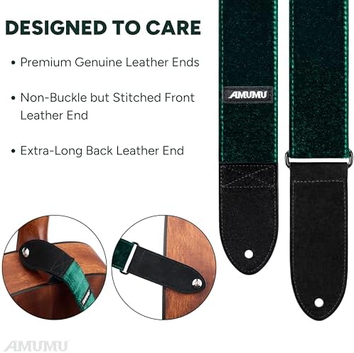 Amumu Flocked Velvet Guitar Strap - Guitar Accessories - Fits Acoustic Guitar Strap, Bass strap, Electric Guitar Strap, Green