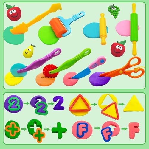 Playdough Tools 55 PCS Play Dough Tools Set for Kids, Play Dough Accessories Plastic Playdough Alphabet Numbers Shapes Cutters,Playdough Rollers,Dough Scissors