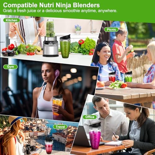 Blender Replacement Parts for Ninja, 2 24oz Ninja Blender Cups Replacement with To-Go Lids, 7-Fins Extractor Blade for Nutri Ninja Auto iQ BN401 BN751 BN801 BN800 BL682 BL480-30 NN100