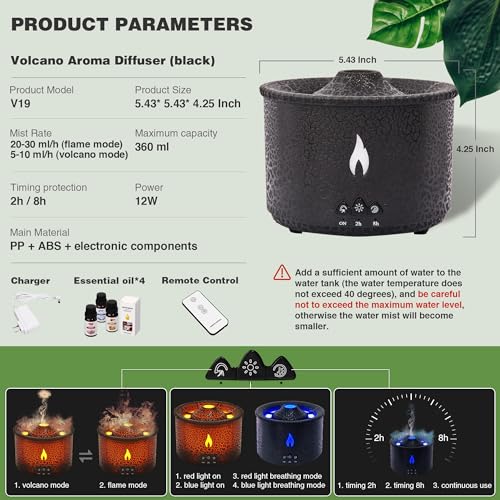 Essential Oil Volcano Diffuser, Volcano Humidifier Diffuser with 4 Essential Oils, 2 Mist Modes, Timer and Waterless Auto-Off, Aromatherapy Diffuser for Home Office, 360ml, Black